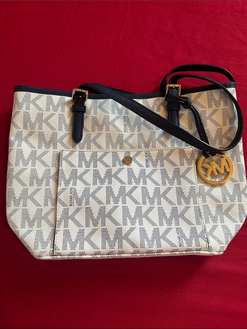 Michael Kors Cream and Black Logo Tote with Gold Charm